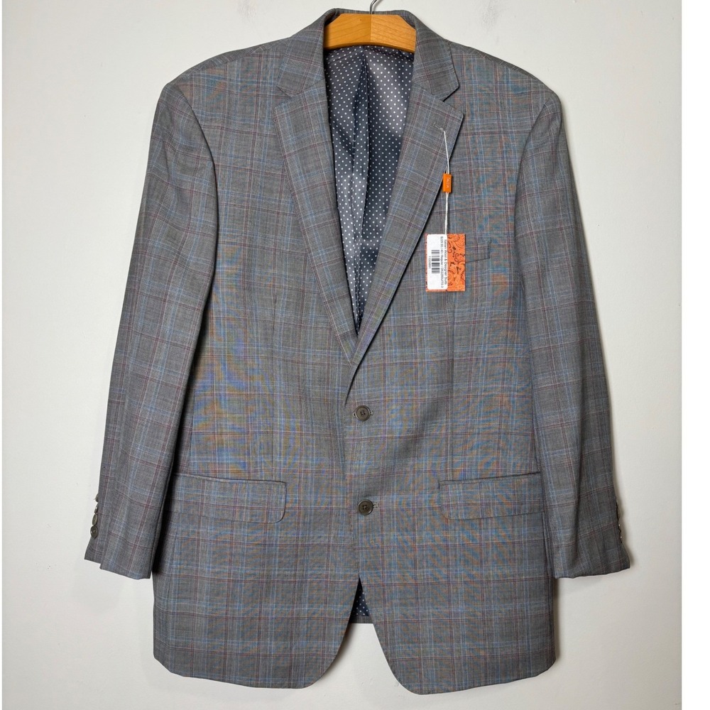 Tallia Mens Grey Glen Plaid Sport Coat 44R Wool 2-Button Blazer NWT Small Flaw